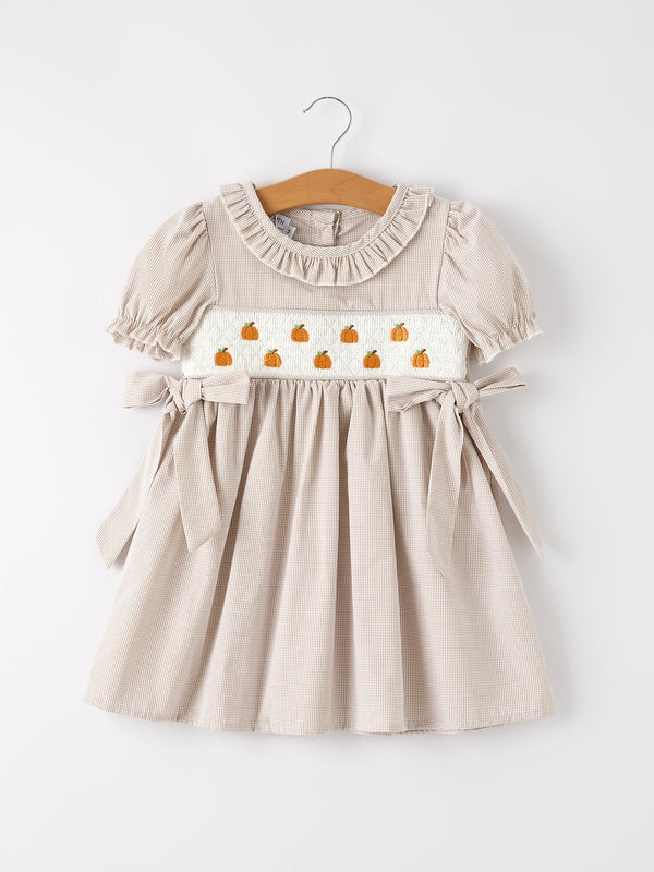 fall-halloween-thanksgiving-pumpkin-embroidery-smock-plaid-girls-dress Rylee-Faith-Designs-Sophia's StyleDress-1
